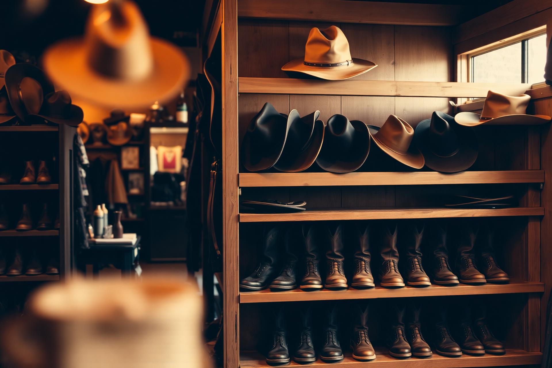 Cowboy boots and hats lined up inside Santa Maria Western Wear